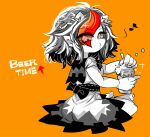  1girl :3 beer_can bow can cone_horns dress drink_can english_text eyes_visible_through_hair foam from_behind full_body greyscale_with_colored_background hair_over_one_eye holding holding_can horns kijin_seija looking_at_viewer looking_back multicolored_hair musical_note opening_can orange_background red_eyes red_streaks sash simple_background sitting sleeves_rolled_up small_horns spot_color streaked_hair symbol-shaped_pupils touhou waist_bow waist_sash whistling yt_(wai-tei) 