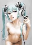  blue_eyes breasts green_hair hatsune_miku long_hair metal_akira microphone navel nipples nude robot_joints small_breasts solo twintails vocaloid 