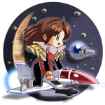  1girl armor asteroid black_bodysuit bodysuit boots brown_boots brown_hair cannon chibi commentary_request dress from_side gley_lancer gley_lancer_(ship) green_eyes long_hair lucia_cabrock on_spacecraft open_mouth oyatsu_(mk2) pelvic_curtain planet red_dress shoulder_armor side_slit smile solo space spacecraft starfighter 