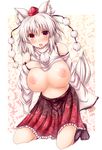  :d absurdres animal_ears black_legwear breasts detached_sleeves hat highres inubashiri_momiji kneeling large_breasts looking_at_viewer naoyama_masaru nipples no_bra open_mouth red_eyes shirt_lift smile solo tail tokin_hat touhou white_hair wolf_ears wolf_tail 