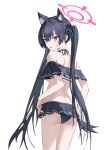  1girl absurdres animal_ear_fluff animal_ears ass bikini bikini_skirt black_bikini blue_archive cat_ears extra_ears frilled_bikini frills from_behind halo highres kuonxv long_hair looking_at_viewer looking_back off-shoulder_bikini off_shoulder official_alternate_costume pink_halo red_eyes serika_(blue_archive) serika_(swimsuit)_(blue_archive) solo swimsuit twintails white_background 