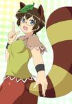  animal_ears blue_eyes brown_hair cosplay fake_animal_ears futatsuiwa_mamizou futatsuiwa_mamizou_(cosplay) glasses index_finger_raised kamelie leaf leaf_on_head open_mouth ore_no_imouto_ga_konna_ni_kawaii_wake_ga_nai raccoon_ears raccoon_tail short_hair smile solo tail tamura_manami touhou 