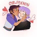  2girls :d ;d amity_blight animification blush brown_eyes brown_hair closed_eyes dark-skinned_female dark_skin earrings english_commentary english_text hand_on_another's_cheek hand_on_another's_face heart highres hood hoodie interracial jewelry luz_noceda multicolored_hair multiple_girls nylanyl one_eye_closed open_mouth pointy_ears purple_hair purple_hoodie short_hair smile the_owl_house very_short_hair yellow_eyes yuri 