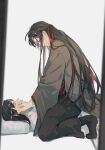 2boys black_boots black_hair black_hanfu black_pants boots chinese_clothes closed_eyes closed_mouth coat couple from_side grandmaster_of_demonic_cultivation grey_coat grey_eyes hair_down hair_ribbon half_updo hand_on_another's_cheek hand_on_another's_face hanfu highres hinamaru kneeling lan_wangji long_hair long_sleeves looking_at_another lying male_focus multiple_boys official_alternate_costume official_alternate_hairstyle on_back pants pillow ponytail profile red_ribbon red_sash ribbon robe sash simple_background sitting sitting_on_person sleeping smile straddling very_long_hair wei_wuxian wei_wuxian_(yiling_laozu) white_background white_hanfu wide_sleeves yaoi 