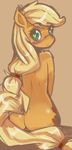  anthro anthrofied applejack_(mlp) back blonde_hair blush butt cutie_mark equine exotic_pupils female freckles friendship_is_magic fur green_eyes hair heart-shaped_pupils horse hua113 long_hair looking_at_viewer looking_back mammal my_little_pony nude orange_background orange_fur plain_background pony pussy sitting solo 