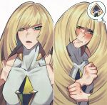  1girl absurdres andrich_galam bare_shoulders blonde_hair blush breasts commentary dress embarrassed english_commentary gem green_eyes green_gem highres long_hair looking_at_viewer lusamine_(pokemon) open_mouth pokemon pokemon_(creature) pokemon_sun_and_moon sleeveless sleeveless_dress snorunt sweat very_long_hair white_dress 