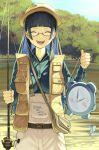 1girl absurdres alarm_clock alternate_costume belt black_hair blue_hair blue_shirt blunt_bangs blunt_ends blush breasts brown_belt brown_hat brown_vest clock closed_eyes clothes_writing collared_shirt colored_inner_hair commentary day ear_piercing english_commentary english_text facing_viewer fangs fish fishing_line fishing_rod glasses hat highres holding holding_fishing_rod hololive hololive_english kronie_(ouro_kronii) lake large_breasts long_hair long_sleeves migokami multicolored_hair open_mouth ouro_kronii outdoors piercing semi-rimless_eyewear shirt smile solo tree two-tone_hair under-rim_eyewear vest vest_pouch virtual_youtuber waders water water_drop wet 