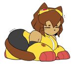  2026 acting_like_a_cat all_fours anthro armor artist_name bangs black_bottomwear black_clothing black_nose bottomwear breasts brown_body brown_hair brown_tail clothing domestic_cat eyes_closed eyewear eyewear_on_head felid feline felis female flat_colors full-length_portrait gameoverse gauntlets glitch_productions gloves goggles goggles_on_head greaves hair handwear kit_bodega loaf mammal medium_breasts mouthless paitoxd portrait short_hair side_view simple_background solo tail text topwear triangle_nose tucked_arms tucked_legs tucked_tail vambrace whiskers white_background yellow_clothing yellow_topwear 