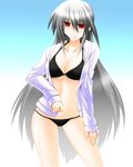  bikini black_bikini breasts engo_(aquawatery) gradient gradient_background hand_on_thigh jacket large_breasts light_smile long_hair lyrical_nanoha mahou_shoujo_lyrical_nanoha mahou_shoujo_lyrical_nanoha_a's open_clothes open_shirt red_eyes reinforce shirt silver_hair solo swimsuit underboob very_long_hair 