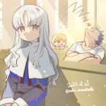  1girl 2boys blonde_hair blue_hair capelet caren_hortensia child_gilgamesh_(fate) church commentary_request cu_chulainn_(casual_wear)_(fate) cu_chulainn_(fate) cu_chulainn_(lancer)_(fate) dated earrings fate/hollow_ataraxia fate_(series) gilgamesh_(fate) highres jewelry long_hair looking_at_viewer multiple_boys noko_morokoshi nun parted_bangs red_eyes shirt signature sleeping sweatdrop t-shirt twitter_username wavy_hair white_capelet white_hair white_shirt yellow_eyes zzz 