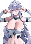  1girl absurdres breasts bronya_zaychik bronya_zaychik_(maximum_velocity) bronya_zaychik_(silverwing:_n-ex) cleavage commentary_request double_v grey_eyes grey_hair highres honkai_(series) honkai_impact_3rd huge_breasts korean_commentary long_hair looking_at_viewer midriff navel official_art pyeong_il simple_background solo squatting v v_over_eye very_long_hair white_background 