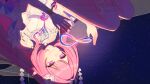  1girl amphoreus_(honkai:_star_rail) breasts commentary cyrene_(demiurge)_(honkai:_star_rail) cyrene_(honkai:_star_rail) diamond-shaped_pupils diamond_(shape) dress flower hair_flower hair_ornament halo highres honkai:_star_rail honkai_(series) long_hair medium_breasts mobius_strip pink_hair pointy_ears purple_eyes sky smile solo star_(sky) starry_sky symbol-shaped_pupils tamagosan4141 upside-down very_long_hair white_dress 