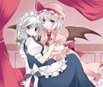  apron bad_id bad_pixiv_id bat_wings bed blue_eyes blush bow braid canopy_bed commentary hair_bow hammer_(sunset_beach) holding_hands interlocked_fingers izayoi_sakuya looking_at_viewer maid maid_headdress multiple_girls red_eyes remilia_scarlet silver_hair touhou twin_braids waist_apron wings 