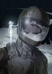  1boy 1girl armor assault_visor biomega black_eyes black_hair body_markings colored_skin dress helmet highres kanoe_fuyu kanoe_zouichi kuthi0510 mini_person minigirl person_on_shoulder power_armor reflection science_fiction short_dress sky space space_helmet star_(sky) starry_sky white_hair white_skin 