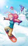  1girl blonde_hair blue_eyes coat long_hair metroid metroid_(creature) pants ponytail roguetwo samus_aran snow snowboard 