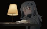  1girl agoshi_sakina bad_id bad_twitter_id black_background book brown_eyes closed_mouth dark desk desk_lamp expressionless fish_hair_ornament glowing grey_hair grey_sweater hair_ornament hairclip highres holding holding_book kusabi_(kwr_265) lamp long_hair long_sleeves looking_down null-meta open_book reading solo sweater upper_body 