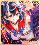 1girl arrow_hair_ornament belt_collar blush bow bowtie breasts cardigan choker claw_pose cleavage collar commentary_request dress grin hair_ornament highres jewelry kijin_seija large_breasts leaning_forward marker_(medium) open_cardigan open_clothes purple_bow purple_bowtie purple_cardigan red_choker red_nails ring shikishi single_claw_pose sio_oekaki smile solo touhou traditional_media watermark white_dress 