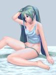  green_eyes green_hair hatsune_miku highres lasterk long_hair long_legs nail_polish panties sitting solo striped striped_panties tank_top toenail_polish twintails underwear very_long_hair vocaloid 