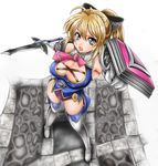  1girl ascot blonde_hair blue_eyes blush boots breasts cassandra_alexandra cleavage elbow_gloves gloves hair_ribbon large_breasts necktie open_mouth pink_neckwear ponytail ribbon shield short_hair showgirl_skirt solo soulcalibur soulcalibur_iv sword thigh_boots thighhighs weapon white_legwear 