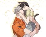  1boy 1girl animal_ears arms_around_another's_waist black_hair breasts cat_ears cat_girl cat_tail collared_shirt couple grey_hair grey_shorts hands_on_another's_cheeks hands_on_another's_face hetero ldsmmanchunnn light_blush long_hair looking_at_another love_and_deepspace medium_breasts orange_shirt parted_bangs print_shirt protagonist_(love_and_deepspace) red_eyes shirt shirt_under_shirt short_hair shorts sylus_(love_and_deepspace) tail white_background yellow_shirt 