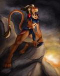  armor digitigrade feline female hair lion mammal merrunz muscles muscular_female pose rock smile solo sunset 