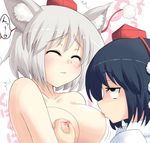  2girls animal_ears blush breast_sucking breasts female inubashiri_momiji masara multiple_girls nipples shameimaru_aya touhou yuri 