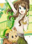  alternate_costume brown_hair buzz green_eyes hair_ornament hairclip pokemon pokemon_(game) pokemon_bw ponytail school_uniform skirt solo touko_(pokemon) 