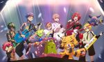  2girls 3boys alternate_costume chiropmon digimon digimon_beatbreak doodledigi drumsticks electric_guitar everyone gekkomon granit_(digimon) guitar highres holding holding_drumsticks holding_instrument holding_maracas holding_microphone holding_tambourine instrument kanuma_hotaruko keytar kuonji_makoto ludomon maracas microphone monodramon multiple_boys multiple_girls official_alternate_costume playing_instrument pristimon sakuya_reina shakomon singing souda_raito stage stage_lights tambourine tenma_tomoro 