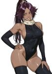  1girl black_leotard bleach breasts dark-skinned_female dark_skin h4sh1rnoto highres large_breasts leotard parted_bangs ponytail purple_hair shihouin_yoruichi solo toned toned_female yellow_eyes 
