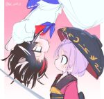  2girls black_hair black_hat bowl bowl_hat from_side gradient_background hat horns japanese_clothes kijin_seija kimono kiwi_(x_x915) looking_at_another multicolored_hair multiple_girls pink_background purple_hair red_eyes red_hair red_kimono streaked_hair sukuna_shinmyoumaru touhou upside-down white_hair 