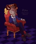  5_fingers accessory aggretsuko anthro blue_clothing blue_suit brown_body brown_fur chair clock clothing crossed_legs eyewear fingers flower footwear fur furniture glasses hand_on_chin hi_res hyena jiro_haida_(aggretsuko) koma_kobako looking_at_viewer male mammal necktie netflix on_chair petals plant rose_(flower) sanrio shoes sitting sitting_on_chair skinny skinny_anthro solo spotted_hyena suit throne watch wristwatch 