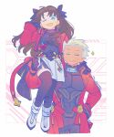  1boy 1girl abs archer_(fate) archer_(honkai:_star_rail)_(fate) black_gloves blue_eyes breasts carrying closed_eyes commentary fate/stay_night fate_(series) gloves highres honkai:_star_rail honkai_(series) looking_at_viewer medium_breasts one_eye_closed oneroom-disco open_mouth rin's_pendant_(fate) shoes short_hair shoulder_carry thighhighs tohsaka_rin tohsaka_rin_(honkai:_star_rail) untranslatable_commentary white_shoes zettai_ryouiki 