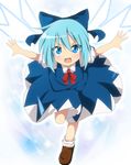  blue_eyes blue_hair bobby_socks bow cirno do_(4-rt) dress gradient gradient_background hair_bow highres leg_up light_trail looking_at_viewer open_mouth outstretched_arms puffy_short_sleeves puffy_sleeves ribbon short_sleeves socks solo spread_arms touhou wings 