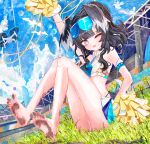  1girl :d ;d a1u absurdres animal_ears arm_up barefoot black_hair blue_archive blue_eyes blue_skirt blue_sports_bra breasts cheerleader dirty dirty_feet dog_ears dog_girl dog_tail drone feet goggles goggles_on_head grass halo hibiki_(blue_archive) hibiki_(cheer_squad)_(blue_archive) highres holding holding_pom_poms knees_up looking_at_viewer millennium_cheerleader_outfit_(blue_archive) miniskirt official_alternate_costume on_ground one_eye_closed open_mouth outdoors panties pom_pom_(cheerleading) revision sitting skirt small_breasts smile soles solo sports_bra stadium tail toes underwear white_panties yellow_halo 