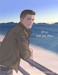  1boy artist_name beach belt black_belt brown_eyes brown_hair brown_jacket collared_jacket dutch_angle english_text grey_pants jacket long_sleeves looking_at_viewer male_focus mountainous_horizon ocean outdoors pants parted_lips piers_nivans popped_collar railing resident_evil resident_evil_6 sand sardine_(kjr0313) short_hair short_sideburns sideburns sky smile solo standing sunset water 