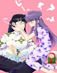  1boy 2girls asage1010 black_hair black_pants book chinese_clothes cologne_(ranma_1/2) commentary_request double_bun floral_print glasses green_eyes grey_hair hair_bun highres long_hair mousse_(ranma_1/2) multiple_girls old old_woman pants pink_background purple_eyes purple_hair purple_pants purple_shirt ranma_1/2 shampoo_(ranma_1/2) shirt sidelocks simple_background 