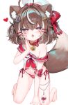  1girl :3 absurdres ahoge anchor_hair_ornament animal_collar animal_ear_fluff animal_ears bare_shoulders barefoot bell bikini bikini_bottom_only black_gloves blush bow breasts brown_hair cat_ears cat_girl cat_tail collar diagonal-striped_bikini diagonal-striped_clothes fang fish_hair_ornament full_body gloves hair_bow hair_intakes hair_ornament hairclip hand_on_ground hand_on_own_cheek hand_on_own_face hand_up hat heart highres indie_virtual_youtuber jingle_bell kneeling leaning_forward medium_hair mocha-tan_(character) mole mole_on_arm mole_on_foot mole_on_leg mole_on_stomach mole_under_each_eye mole_under_eye multicolored_hair multiple_moles navel off_shoulder parallel_hairclips raised_eyebrows red_collar red_eyes sailor_collar sailor_hat school_uniform serafuku shouu-kun side-tie_bikini_bottom simple_background single_off_shoulder small_breasts solo streaked_hair striped_bikini striped_clothes swimsuit tail toenails two_side_up virtual_youtuber whispering white_background white_hair white_hat white_streaks wrist_bow 