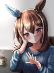  1girl admire_vega_(casual)_(umamusume) admire_vega_(umamusume) animal_ears blue_sweater blush breasts brown_hair casual closed_mouth commentary cup ear_covers hair_between_eyes hand_on_own_cheek hand_on_own_face head_rest horse_ears horse_girl jewelry long_hair long_sleeves purple_eyes ring single_ear_cover smile solo steaming_cup sweater tofu_thunder umamusume untranslatable_commentary wedding_ring 