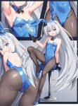  1girl absurdres alcmls1230 animal_ears armpits arms_up bare_shoulders black_pantyhose blue_bow blue_eyes blue_leotard blush bow breasts closed_mouth collarbone commentary_request detached_collar embarrassed fake_animal_ears female_tyrant_(stella_sora) full_body grey_hair high_heels highres leotard long_hair looking_at_viewer pantyhose playboy_bunny pointy_ears pumps rabbit small_breasts smile stella_sora strapless strapless_leotard symbol-shaped_pupils tyrant_(stella_sora) very_long_hair 