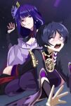  1boy 1girl armor ass black_hair black_kimono black_shorts black_shrug black_sleeves blunt_ends blurry blush breasts cleavage closed_mouth commentary_request corrupted_twitter_file depth_of_field eyeliner fan_hair_ornament flower from_below furisode genshin_impact gold gold_trim hair_flower hair_ornament hand_up highres imminent_spanking japanese_armor japanese_clothes jewelry juban kimono kote kurokote layered_sleeves long_hair long_single_sidelock long_sleeves looking_at_another looking_back makeup medium_breasts mitsudomoe_(shape) mother_and_child mother_and_son neck_ring obijime open_hand open_mouth outstretched_arm over_the_knee parent_and_child pink_pupils punishment purple_background purple_eyes purple_flower purple_hair purple_kimono purple_rope purple_sash purple_sleeves purple_thighhighs raiden_shogun red_eyeliner red_kimono red_sash rope sash scaramouche_(genshin_impact) seiza shimenawa short_sleeves shorts shrug_(clothing) single_sode sitting spanked sweat swept_bangs tassel tassel_hair_ornament teeth thighhighs tomato315315 tomoe_(symbol) tongue tsurime white_kimono white_rope wispy_bangs 