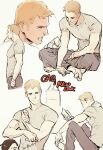  1boy bandaged_hand bandages barefoot blonde_hair book captain_america_(series) clenched_teeth closed_mouth commentary crew_neck cropped_legs english_commentary frown grey_pants grey_shirt holding holding_book looking_to_the_side male_focus marvel multiple_views open_book pants punching_bag reading shirt short_hair short_sleeves sideburns sideways_glance sitting steve_rogers t-shirt teeth white_background yummyman 