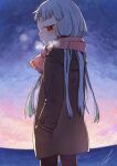  1girl alternate_costume ark_kan black_pantyhose blush breath brown_coat closed_mouth coat commentary_request from_side hair_ribbon hand_in_pocket kantai_collection long_hair long_sleeves looking_at_viewer morning murakumo_(kancolle) ocean orange_eyes outdoors pantyhose pink_scarf profile red_ribbon ribbon scarf sidelocks signature sky solo sunrise tress_ribbon water 