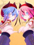  3girls a.i._voice absurdres beret blue_eyes blue_hair blue_ribbon branch chromatic_aberration coat commentary flower flower_(gynoid_talk) flower_(vocaloid) gynoid_talk hair_flaps hat highres hikimayu horns kokodoko_(g_kkdk) looking_at_viewer meika_hime meika_hime_(a.i._voice_2) meika_mikoto meika_mikoto_(a.i._voice_2) multiple_girls pink_eyes pink_hair pink_ribbon plum_blossoms pov pov_hands purple_coat purple_nails red_flower red_hat ribbon shirt smile vocaloid white_flower white_shirt wrist_ribbon 