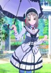  1girl absurdres birthday black_bow black_bowtie blue_eyes blurry blurry_background bonnet bow bowtie breasts brown_hair commentary_request day dress frilled_dress frills grass grey_eyes happy_birthday heaven_burns_red highres holding holding_umbrella lolita_fashion long_sleeves looking_at_viewer minase_ichigo multicolored_hair outdoors pantyhose parasol sakeluck short_hair solo standing umbrella white_bow white_bowtie 