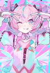  1girl absurdres aqua_background aqua_hair aqua_streaks aria_(human)_(zenless_zone_zero) aria_(zenless_zone_zero) arms_up blue_eyes blush bridal_gauntlets center_frills collarbone commentary_request crossed_bangs detached_collar detached_sleeves dress fingerless_gloves frills gloves hair_between_eyes highres hoshino_ai's_pose looking_at_viewer multicolored_hair pink_background pink_gloves pink_hair sanshoku_dango_(shukosuko) solo streaked_hair tongue tongue_out two-tone_background upper_body white_dress zenless_zone_zero 