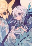  1girl absurdres arknights blue_eyes blue_ribbon ciao940106 closed_mouth commentary_request eyelashes full_moon hair_between_eyes highres lantern long_hair looking_ahead moon mulberry_(arknights) mulberry_(reflection_that_of_the_moons)_(arknights) outdoors paper_lantern ribbon see-through_clothes see-through_sleeves sleeves_past_fingers sleeves_past_wrists solo upper_body white_hair 