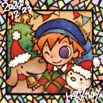  1boy bemani blue_hat border christmas_present christmas_tree closed_mouth commentary_request dated dog gift happy_birthday hat kevin_(pop'n_music) mokyu-mokyu multicolored_border orange_hair pop'n_music purple_eyes santa_hat short_hair smile solo string_of_flags 