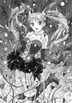  bare_shoulders blush boots bunny_ears cocktail_glass confetti cup dress drinking_glass elbow_gloves garter_straps glass gloves greyscale hanabusu_arisu highres jumping kagosaka_mahiro long_hair looking_at_viewer monochrome my_doll_house newhalf open_mouth otoko_no_ko panties smile solo thigh_boots thighhighs twintails underwear very_long_hair wig yui_toshiki 