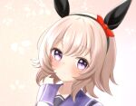  1girl animal_ears black_hairband blush bow bowtie commentary_request curren_chan_(umamusume) ear_bow ear_covers grey_hair hair_between_eyes hairband horse_ears horse_girl looking_at_viewer parted_lips portrait purple_eyes purple_sailor_collar purple_shirt red_bow sailor_collar sailor_shirt school_uniform shirt short_hair solo tofu_thunder tracen_school_uniform umamusume white_bow white_bowtie 