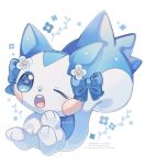  blue_bow blue_flower blush_stickers bow commentary english_text floral_background flower highres light_blush looking_at_viewer no_humans one_eye_closed open_mouth pachirisu pokemon pokemon_(creature) pokemon_focus solo sparkle sumesi_(iwasi_29) teeth twitter_username untranslatable_commentary upper_teeth_only white_background white_flower 